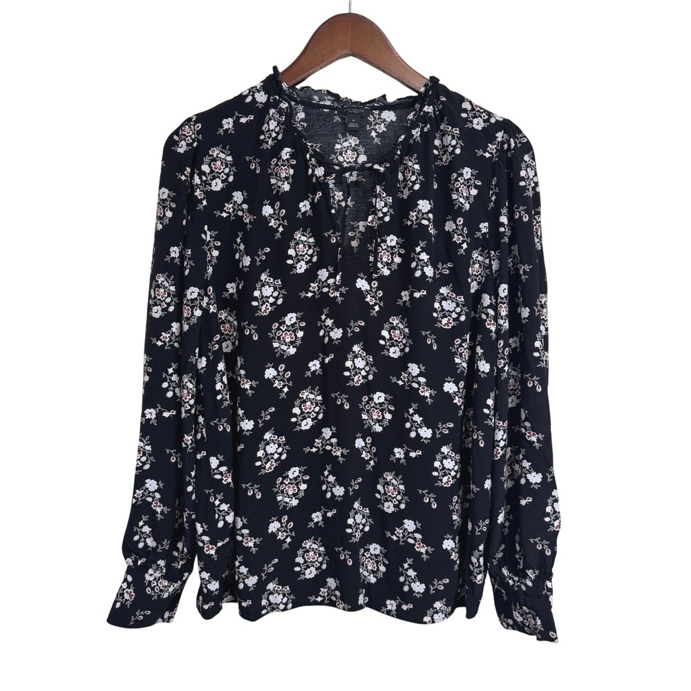 Ann Taylor Factory Black Floral Ruffle Neck Tie Front Long Sleeve Blouse Medium